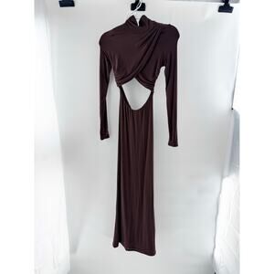Bayse Long Sleeve High Neck Cutout Waist Formal Maxi Dress Brown Women's Size XS